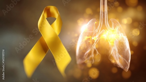 Lung health awareness event featuring yellow ribbon global health digital graphic inspirational mood close-up view