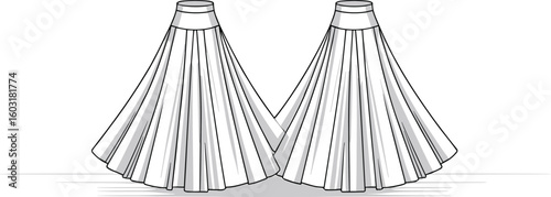 CAD drawing flat vector illustration, elegant ballroom pleated skirt design, fashion sketch, clothing template, sewing pattern, stylish apparel blueprint