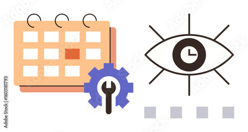 Calendar for scheduling, gear for settings or tools, eye symbol with clock for time tracking. Ideal for productivity, planning, workflow, time management, task organization, monitoring simple flat