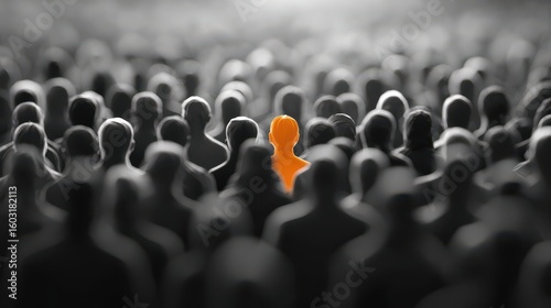 High-quality photo of focus on Bright Orange Figure Among Solid Black and White Crowd Depicting Individuality and Standing Out.