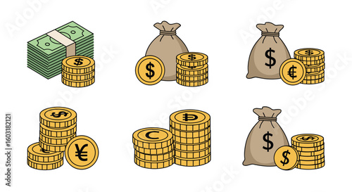 Collection of Isometric Icons Representing Various Financial Assets and Currency Symbols