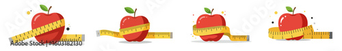 Red apple with measuring tape in sequence showing healthy eating, set, measuring tape around apple 