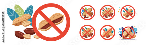 Peanut-free symbols with cocoa beans and warning signs in colorful design, set, no peanuts 
