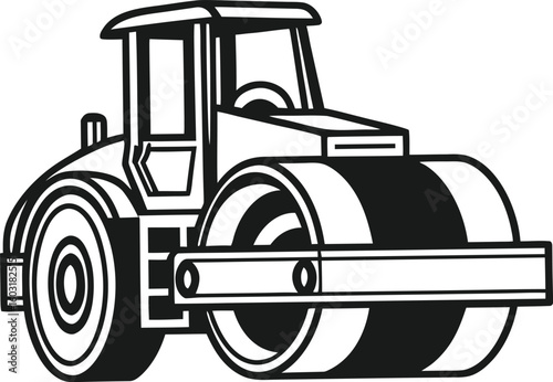 Black and white illustration of a road roller construction vehicle steamroller compactor