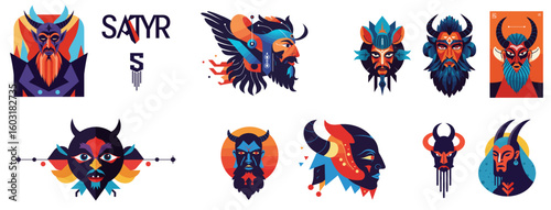 Colorful fantasy creature masks with horns and intricate designs, set, satyr
