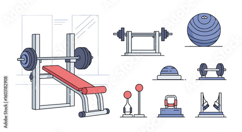 Collection of Gym Equipment for Strength Training and Fitness Workouts
