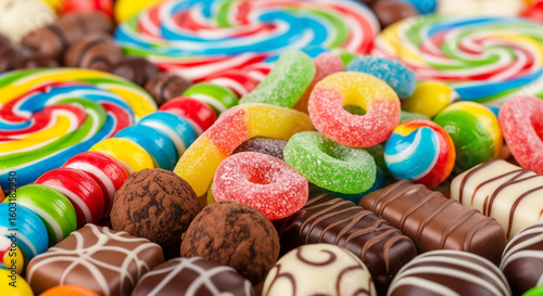 A detailed, close-up shot emphasizing the rich textures and individual uniqueness of various colorful candies found in a local store