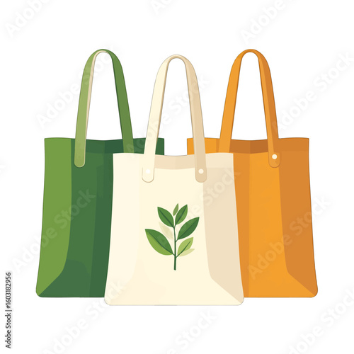 Three Colorful Tote Bags With Leaf Print Design