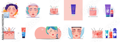 Skincare product illustrations featuring women with various treatments, set, sensitive skin  