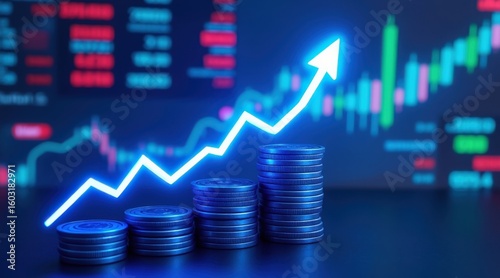 Financial growth and investment success represented by rising stock market graph and coins
