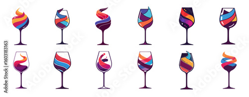Colorful cocktail glasses with swirling liquids in modern design, set, wine glass swirl 