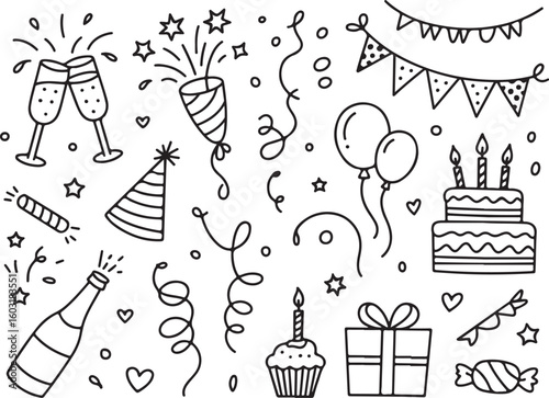 Black and white doodle celebration elements party birthday