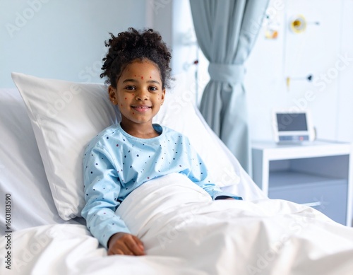 young girl gets smallpox all his body and lies on his bed in the hospital 