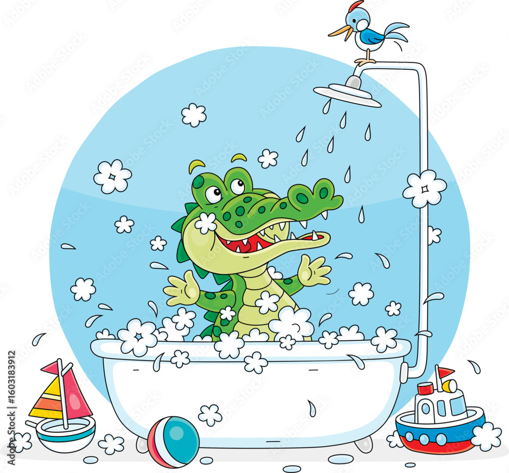 Naklejka premium Funny green crocodile washing and splashing with a shampoo foam in a bubble bath with a shower, vector cartoon illustration isolated on a white background