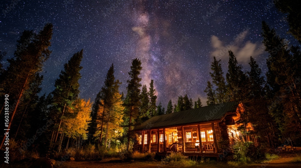 Fototapeta premium Starry sky over a remote cabin with soft lights illuminating its windows, creating a warm and welcoming feel