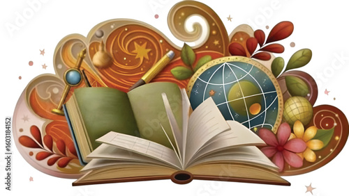 Open book surrounded by colorful elements and globe in design  