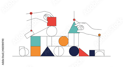 A Whimsical Balancing Act of Geometric Shapes and Playful Characters