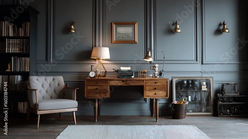 Elegant home office interior featuring vintage furniture and stylish decor elements