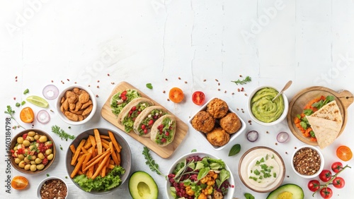Wallpaper Mural Vibrant overhead flatlay showcasing diverse healthy vegan Mediterranean mezze platter, featuring fresh ingredients and flavorful dips. Torontodigital.ca
