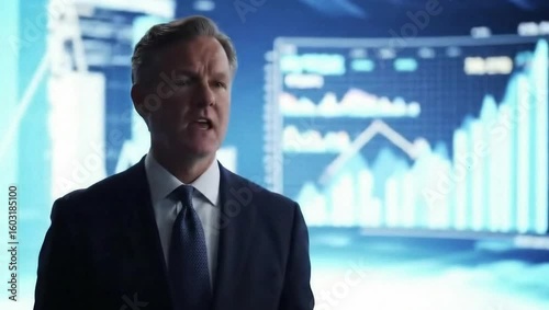 Confident businessman presenting data analytics in a modern, bright digital environment