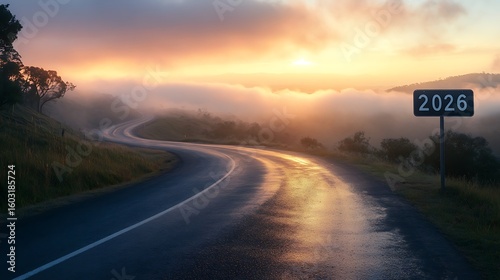 Radiant 2026 sign floating over winding asphalt road in sunset mist