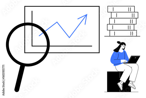 Magnifying glass highlights graph with upward trend, woman works on a laptop beside stacked books. Ideal for research, growth, education, business, analytics, strategy, simple flat metaphor