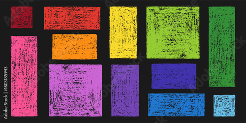 Set of Design Elements Hand-drawn Rectangular Shapes of Different Colors Isolated on Dark Backdrop. Style of Children's Drawing.