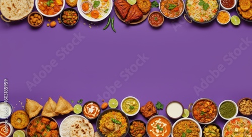Vibrant overhead shot of assorted Indian dishes, featuring curries, naan, and rice, arranged on a purple background; appetizing food photography.