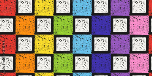 Checkered Rainbow Seamless Pattern of Hand-Drawn Squares on Dark Backdrop. Style of Children's Drawing.