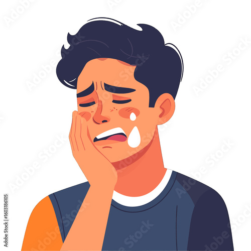 Pixel Art Illustration Of A Sad Boy Touching His Face