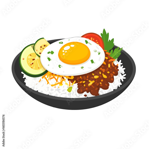 Colorful Rice Bowl With Fried Egg And Vegetables