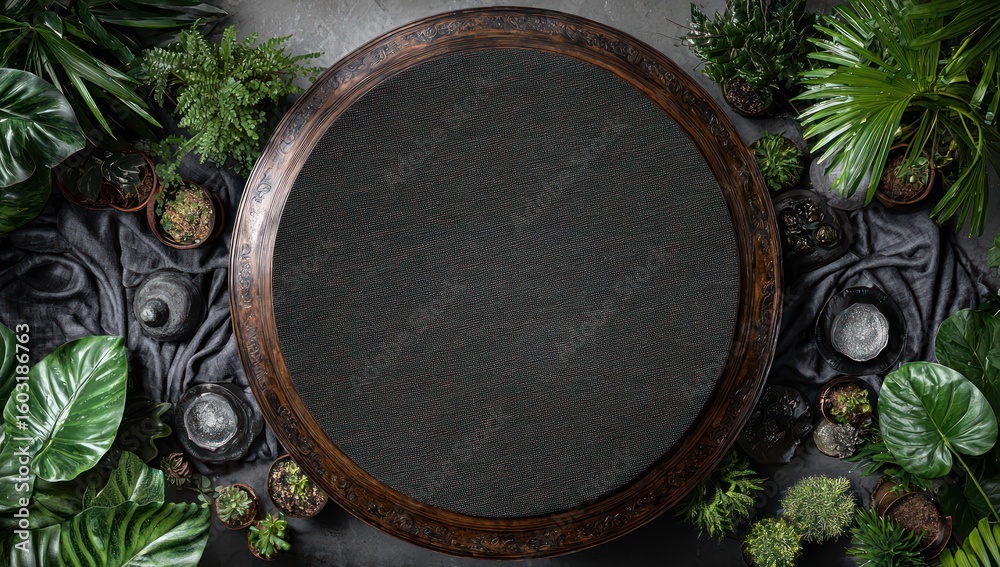 Fototapeta premium Dark round surface surrounded by tropical plants.