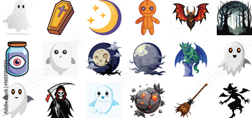 cute cartoon halloween horror icon vector set sticker character 