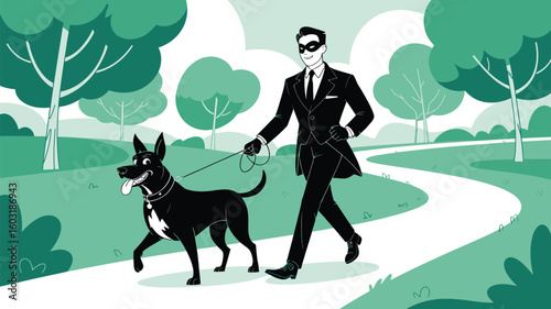 A masked man in a suit walking a black dog on a leash in a park with trees and a winding path visible