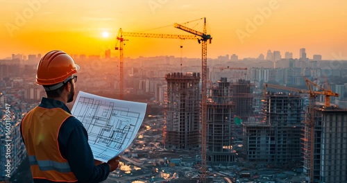 A construction worker reviews blueprints overlooking a cityscape at sunset.