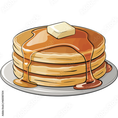Delicious stack of pancakes with butter and syrup