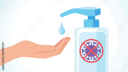Hand sanitizer bottle with no virus sign and hand catching drop for hygiene and health protection