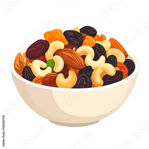 Colorful Mix Of Nuts And Dried Fruits In White Bowl