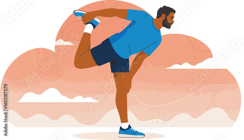 Illustration of a man in athletic wear stretching his quad with a cloud background in light colors