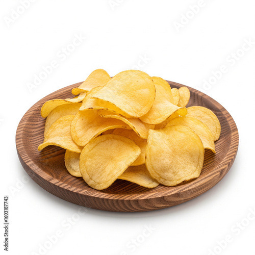 potato chips on a wooden plate isolated on white