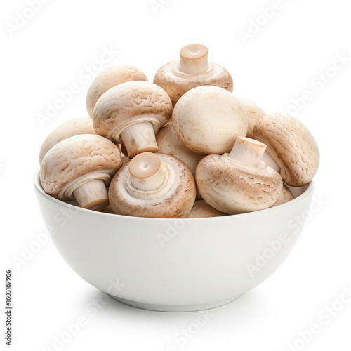 A bowl of button mushrooms isolated on white