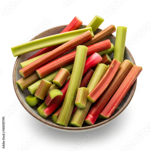 Rhubarb stalks in a bowl isolated on white 