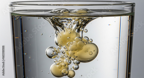 close-up studio shot of fat globules visibly suspended and separated within a clear glass filled with pure water