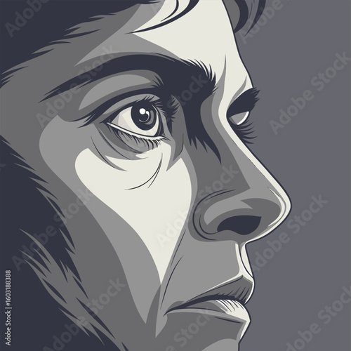 Portrait of a beautiful woman's face with a black veil, featuring an elegant hairstyle, captivating eyes, and glamorous make-up, all in a stylish vector art illustration