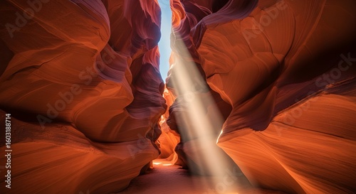 Sunlight streaming through the narrow walls of a red rock canyon.