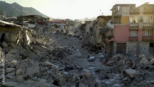 Devastating earthquake aftermath Collapsed buildings and rubble-filled streets in a city landscape