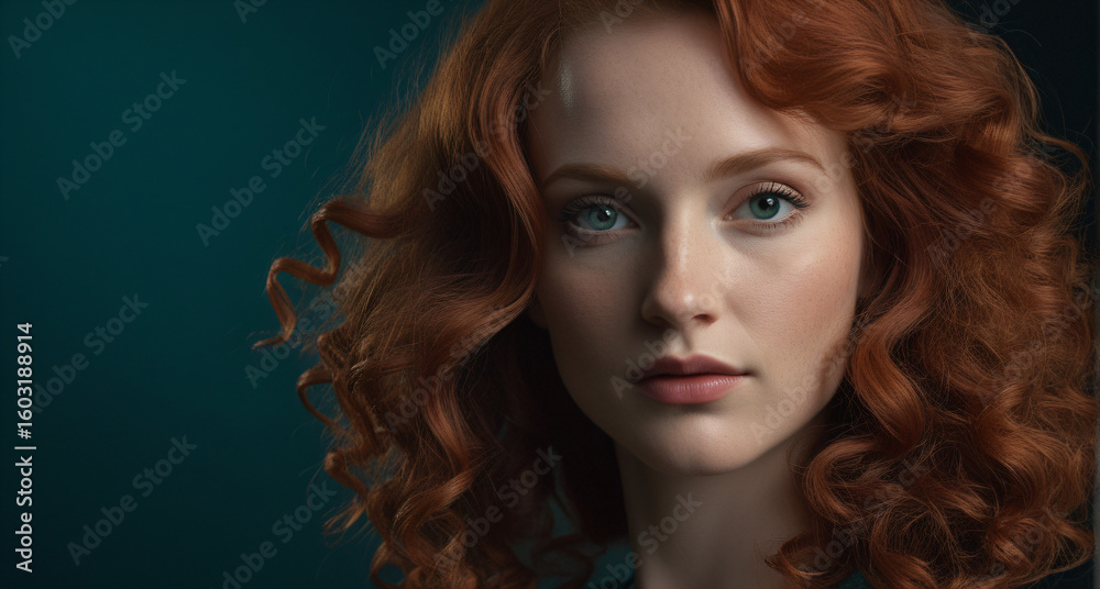 Naklejka premium Beautiful portrait of a fair-skinned woman with red curly hair against a dark teal background