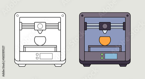 A pictogram of a 3D printer. A graphic representation of a modern desktop device that uses additive manufacturing technology to create three-dimensional objects.