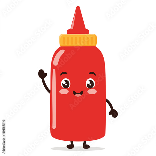 Ketchup bottle waving in kawaii-style vector illustration