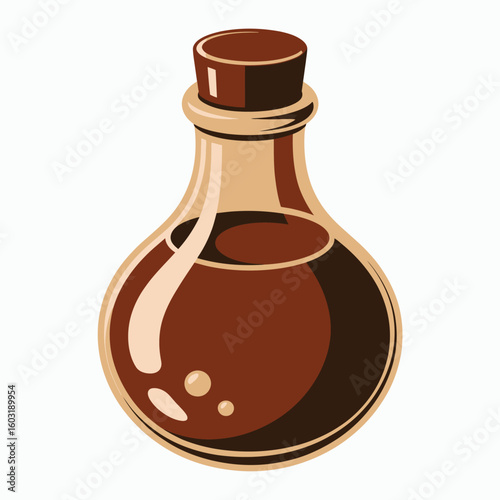 Glass bottle filled with dark brown liquid and cork stopper